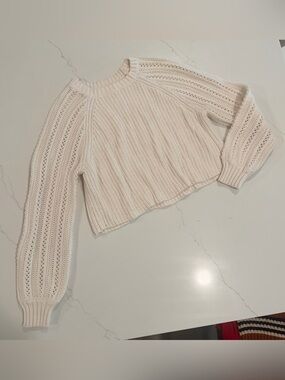 American Eagle Outfitters Cream Open-Knit Cropped Crew Sweater